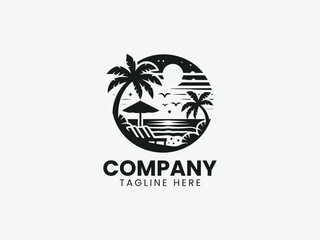Tropical Beach Silhouette Palm Trees Lounger Umbrella Vector Logo Design