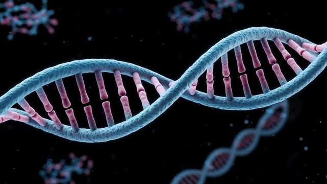 3D render of Human DNA structure rotating, visualized double helix form on a dark background	