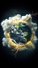 Earth surrounded by dramatic clouds and radiant streaks of light