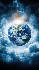 Fototapeta premium Earth is surrounded by beautiful clouds and shining sunlight above