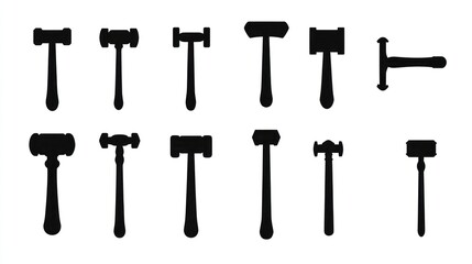 Gavel variations; tools for justice; white background; legal icon set; website use