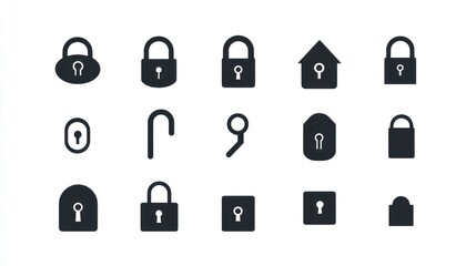 Security icons set; various lock and key shapes; white background; website design