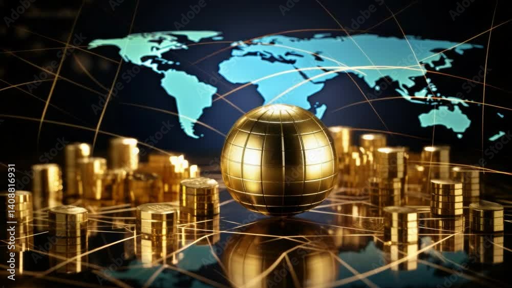 Poster global wealth: a conceptual artwork showcasing a lustrous golden globe encircled by stacks of gold b