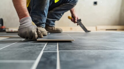 A construction worker laying down tiles for flooring installation at a site. Featuring tile laying and flooring installation