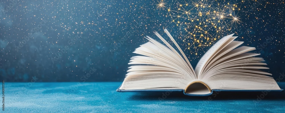 Poster open book under starry sky symbolizing learning and cognition concept. an open book with magical spa