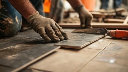 A construction worker laying down tiles for flooring. Featuring focus and craftsmanship