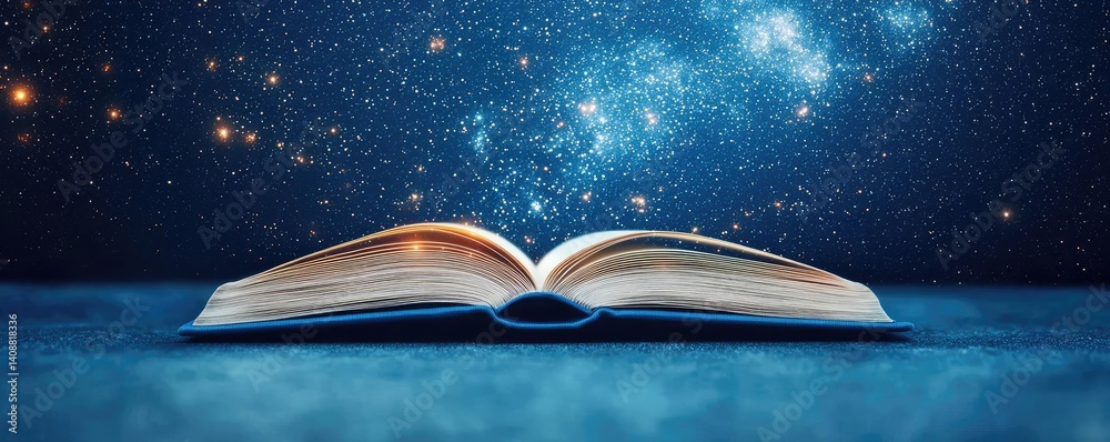 Poster open book under starry sky symbolizing learning and cognition concept. an open book under a starry s