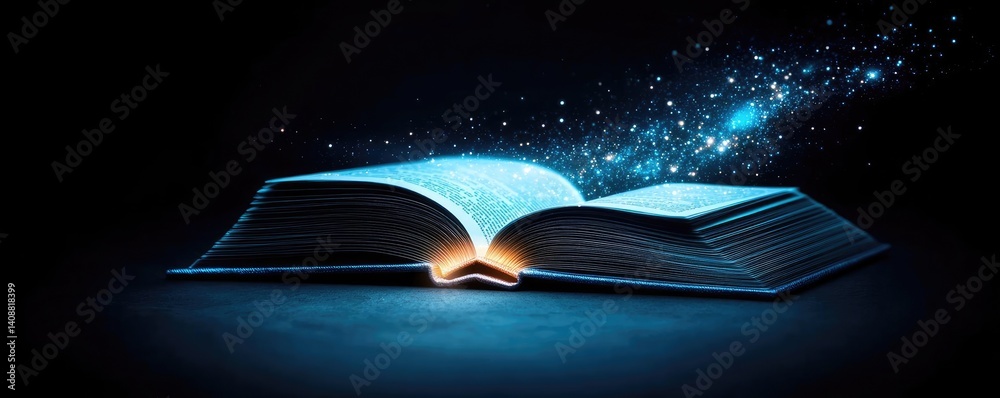 Poster open book under starry sky expanding cognition of space concept. an open book with a magical glow an