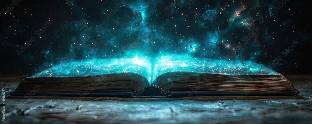 Poster Open book under starry sky expanding cognition of space concept. An open book revealing a galaxy of stars and cosmic wonders.