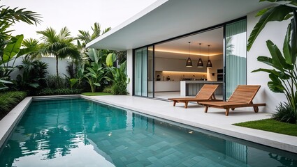 a modern architectural style featuring a luxurious outdoor setting. The layout includes a rectangular swimming pool bordered by lush green tropical plants on one side and a sleek, contemporary buildin