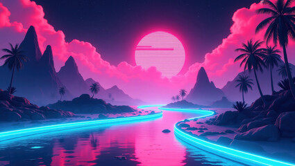 Retro background futuristic landscape 1980s style. Digital retro landscape cyber surface. Retro music album cover template : sun, space, Jungle neon background. Vapor wave tropical background concept.