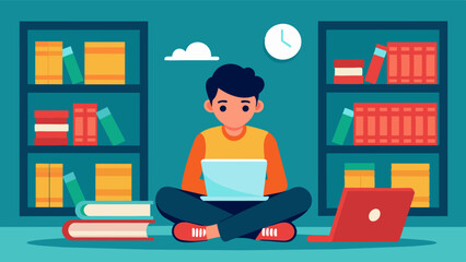 A student sits in a quiet corner of the library intently reading a lesson on an elearning platform and practicing coding exercises on their laptop.. Vector illustration