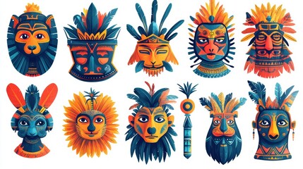 Naklejka premium Colorful Tribal Masks and Animal Faces in Vibrant Artwork