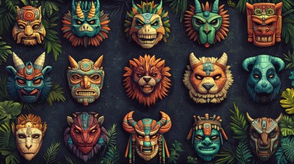 Fototapeta premium Colorful Tribal Masks Collection with Detailed Carvings and Designs