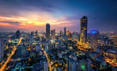 Fototapeta premium Bangkok Skyline at Sunset: A Panoramic View of the City's Glittering Lights and Skyscrapers