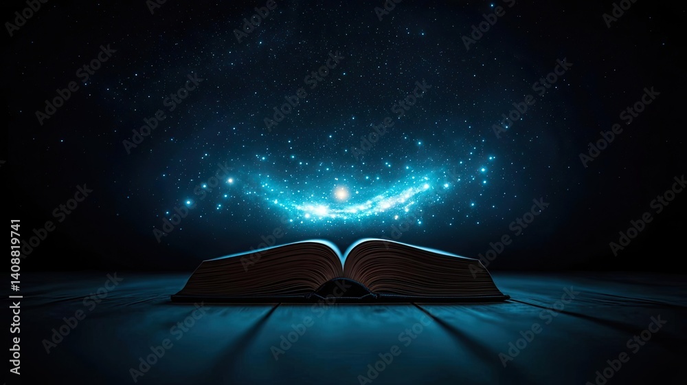 Poster Open book under starry sky with galaxy and cognition concept. An open book revealing a mystical cosmic scene.