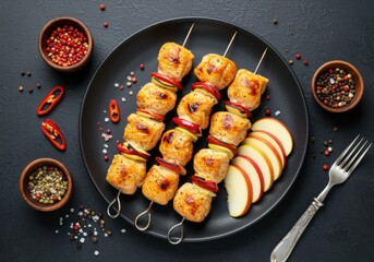 chicken skewers with slices of apples and chili. top view