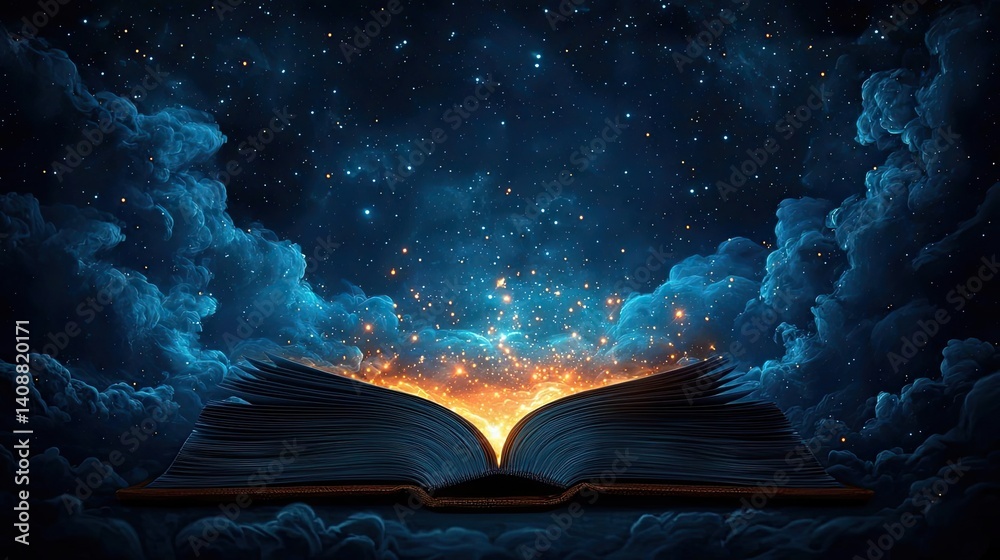 Poster open book under starry sky with galaxy and cognition concept. a mystical book opening to a starry un