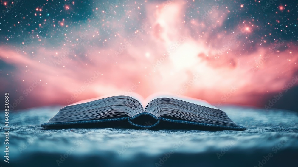 Poster open book under starry sky expanding cognition of space concept. an open book revealing a cosmic bac