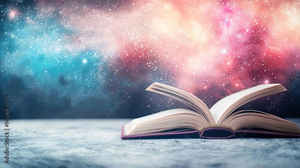 Poster open book under starry sky expanding cognition of space concept. an open book against a cosmic backg