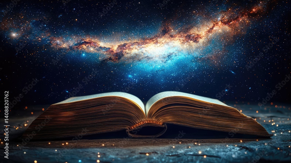 Poster Open book under starry sky symbolizing learning and cognition concept. An open book revealing the vast mysteries of the universe.