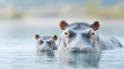 Fototapeta premium Captivating portrait of a hippopotamus mother and her baby, both partially submerged in water, staring directly at the camera.