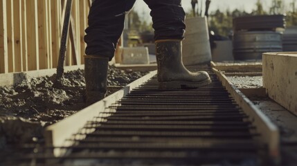 A construction worker laying the foundation for a building. Featuring precision and strong work ethic