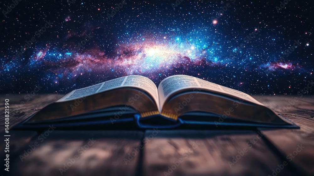 Aufkleber Open book under starry sky symbolizing learning and cognition concept. An open book against a cosmic starry background evokes wonder.