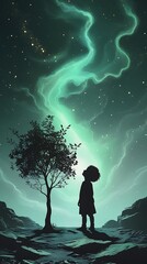 Fototapeta premium Whimsical digital illustration of a child standing near a tree under a glowing green night sky filled with stars and ethereal light, evoking dreams, imagination, and cosmic wonder. 