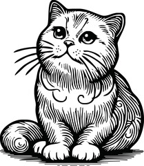 cat - animal, hand drawn black and white vector illustration, isolated on white background