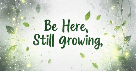 Inspirational quote over textured green background. Leaves, sparkles create calming aesthetic. Text reads Be Here, Still growing. Positive message, gentle colors.