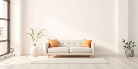 Modern Living Room Interior Design Cozy Sofa Plants White Walls