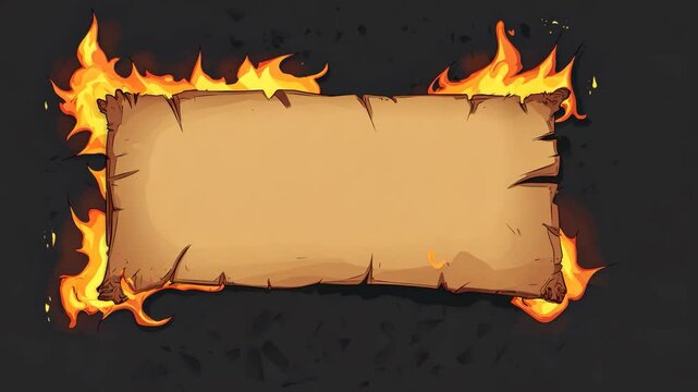 A hot orange flame burns the paper within a black frame, creating a fiery border design