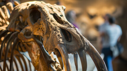 Gigantic mastodon fossil exhibited in natural history museum, prehistoric mammal skeleton on display for education and paleontology study, evolution and ancient wildlife concept.