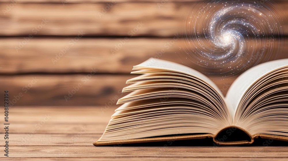 Aufkleber Open book under starry sky symbolizing learning and cognition concept. An open book with a swirling galaxy above it, symbolizing imagination.