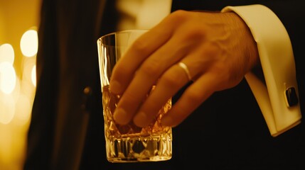 Elegant Hand Holding a Whiskey Glass at a Formal Event