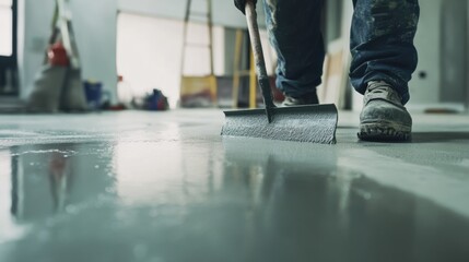 A construction worker leveling a concrete floor in a building. Featuring precision and skill
