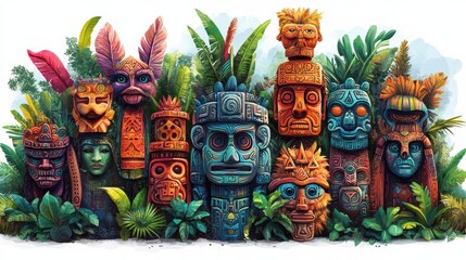 Fototapeta premium Colorful Ancient Statues Surrounded by Lush Green Foliage and Plants