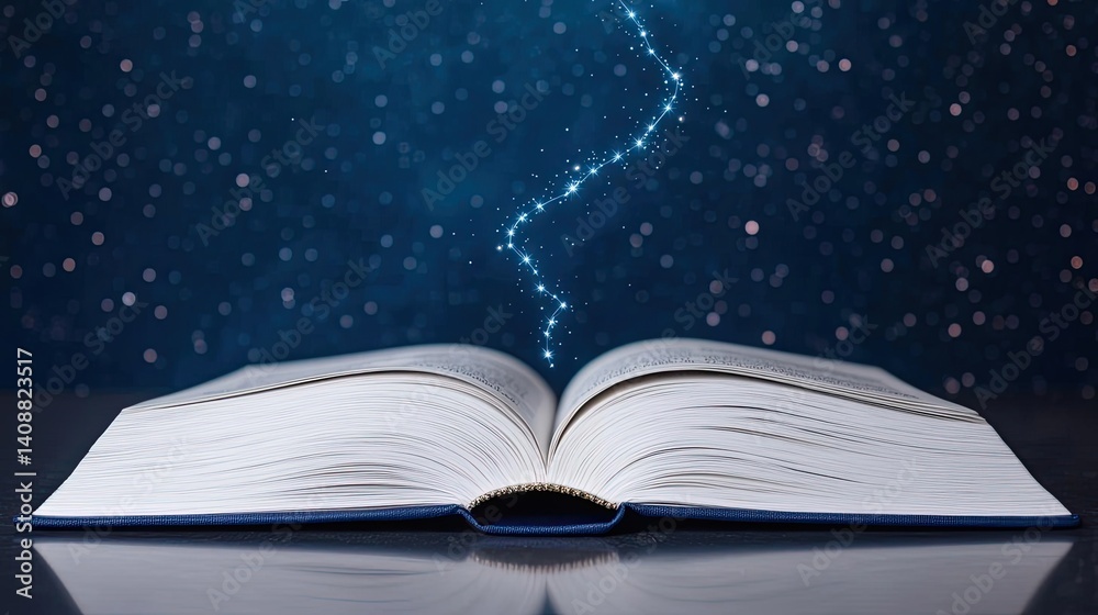 Poster open book under starry sky expanding cognition of space concept. an open book illuminated by a mysti