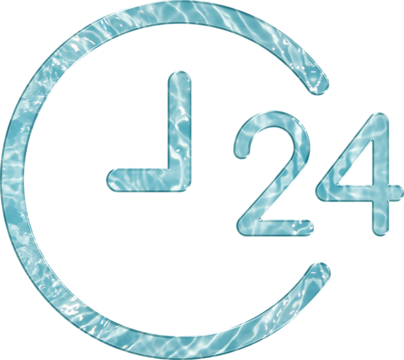 Aqua Glass 24 Hour Service Icon – Around the Clock Support Symbol for Customer Help Desk Business Feature Hotline UI Element in Glossy Transparent Crystal Aqua Glass Style Design