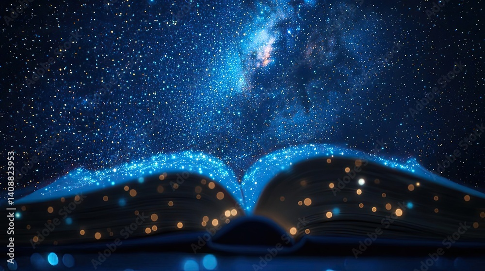 Poster open book under starry sky symbolizing learning and cognition concept. an open book reveals a starry