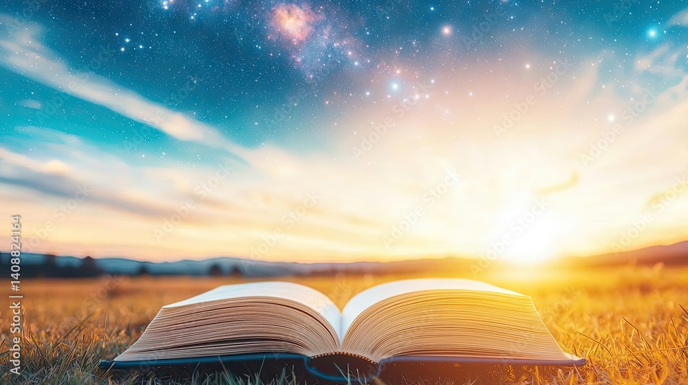 Poster open book under starry sky symbolizing learning and cognition concept. an open book under a starry s