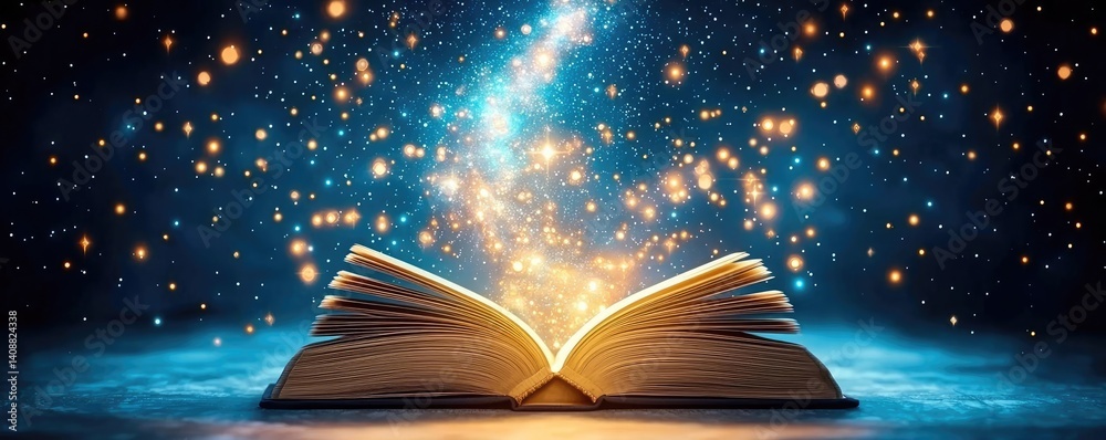 Poster open book under starry sky with galaxy and cognition concept. an open book exuding magical light and