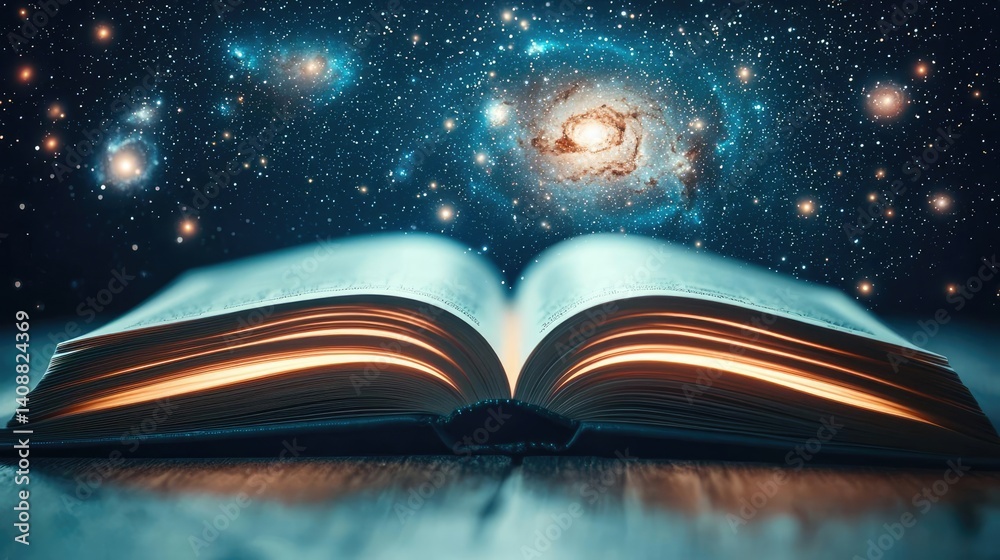 Aufkleber open book under starry sky expanding cognition of space concept. an open book revealing the wonders 