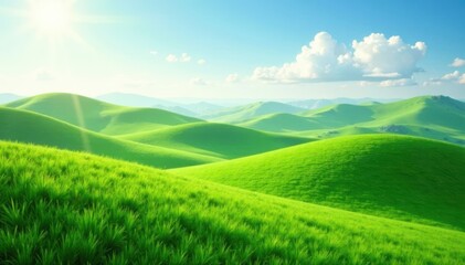 Rolling hills of emerald green grass swaying in the gentle spring breeze, meadow, nature