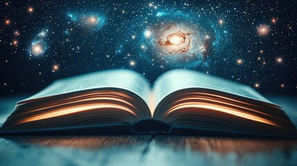 Open book under starry sky expanding cognition of space concept. An open book revealing the wonders of the universe.