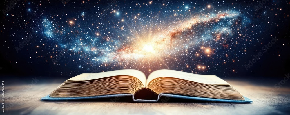 Aufkleber open book under starry sky with galaxy and cognition concept. open book revealing a cosmic universe 