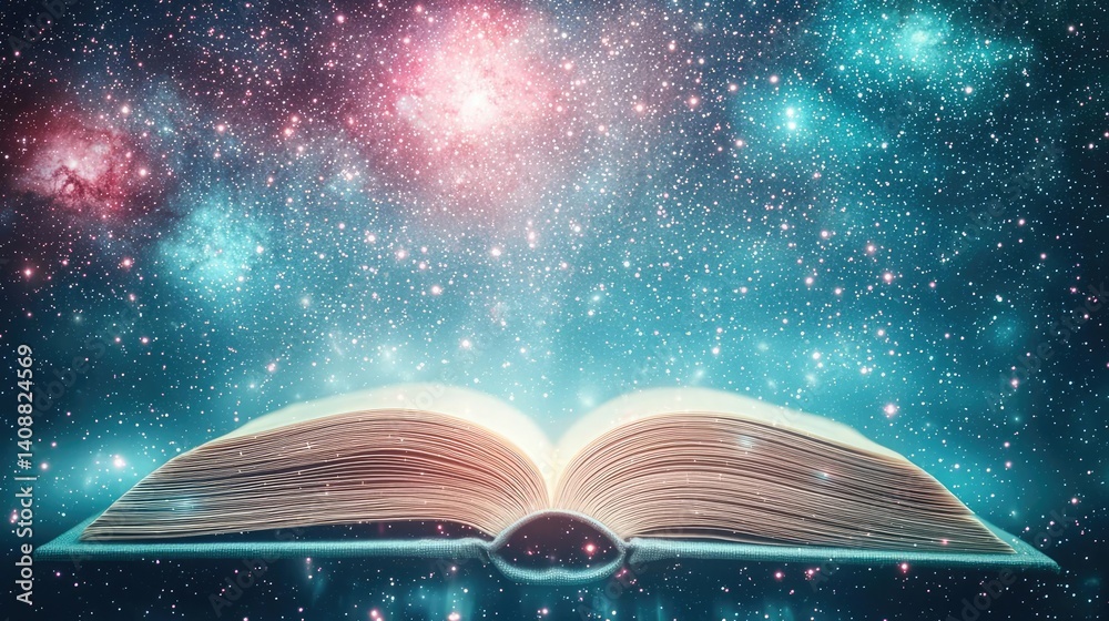 Poster open book under starry sky symbolizing learning and cognition concept. an open book floats amidst a 