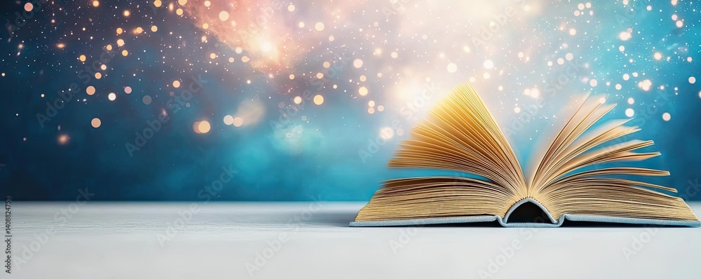 Aufkleber open book under starry sky symbolizing learning and cognition concept. an open book with a magical c