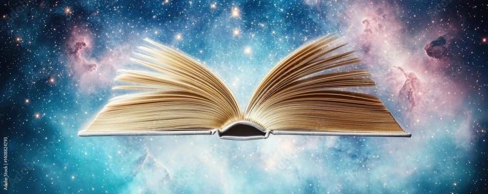 Poster open book under starry sky symbolizing learning and cognition concept. an open book floating in a co
